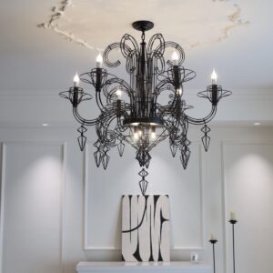 Black Iron Chandelier – Artistic Wire Frame Candle-Style Pendant Light