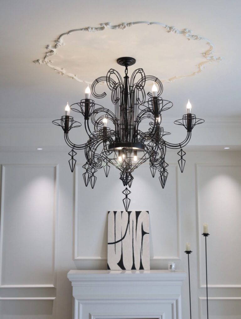 Black Iron Chandelier – Artistic Wire Frame Candle-Style Pendant Light